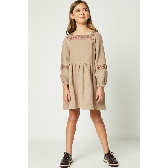 HAYDEN Taffy Khaki Woven Midi Dress Featuring Red Embroidery Small NEW - Picture 1 of 6